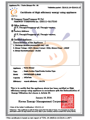 Namwon Turbo One效率認(rèn)證書(shū)